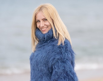 Mohair–Wool Mix Sweater – Hand-Knitted Thick Blue Turtleneck Jumper T1078