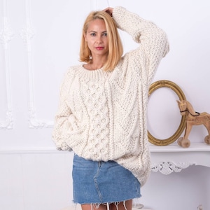 Hand Knitted Alpaca Cable Knit Sweater, Chunky Crewneck Jumper T858W