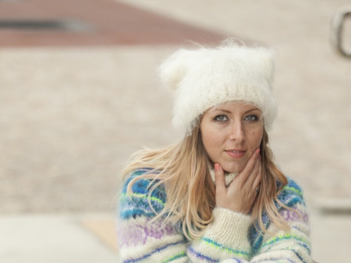 Cream Mohair Hat Knit Hat Fluffy Mohair Beanie Slouchy Hat Etsy