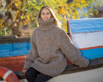 5 strands Beige itchy wool sweater , Chunky and cosy winter jumper T1303