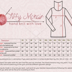 May include: A chart showing sweater measurements in inches for different sizes, from XS to 9XL. The chart includes measurements for body length, chest width, sleeve length, and turtleneck. The text "Siffy Mchair hand knit with love" is at the top of the chart.