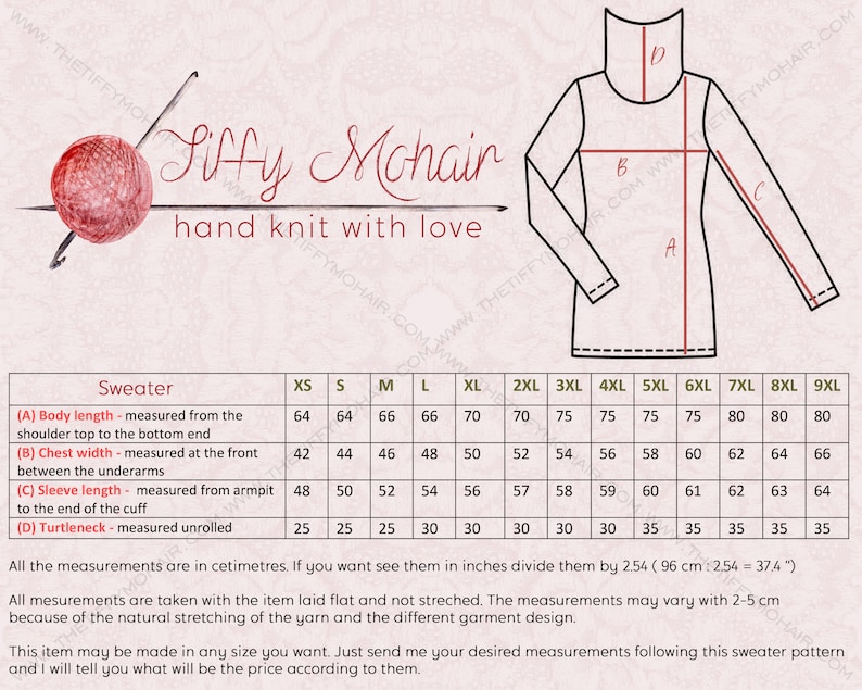 May include: A chart showing sweater measurements in inches for different sizes, from XS to 9XL. The chart includes measurements for body length, chest width, sleeve length, and turtleneck. The text "Siffy Mchair hand knit with love" is at the top of the chart.