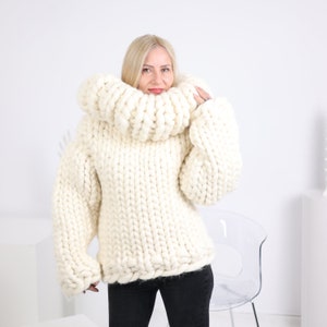 Extra thick 100% merino wool sweater wide Turtleneck , Extra Chunky and heavy knit sweater in cream, Super warm winter sweater T1626 image 1