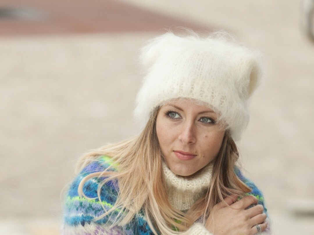Cream Mohair Hat, Knit Hat, Fluffy Mohair Beanie, Slouchy Hat, Mohair