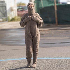 Hand Knitted Beige Catsuit with a balaclava, mittens and socks knitted in Yak Yarn  T1289