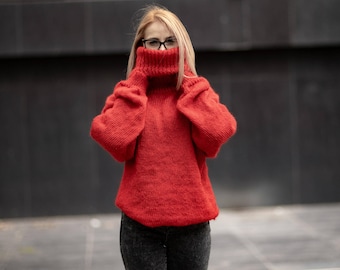 Hand-Knitted Red Mohair Sweater – Fluffy Fuzzy Turtleneck Jumper T1075