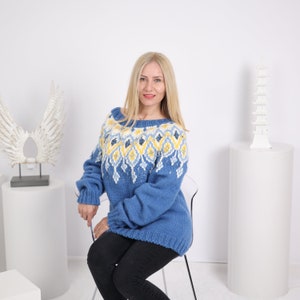Lopi wool Sweater, Icelandic style jumper , Hand knitted blue pullover  T1631