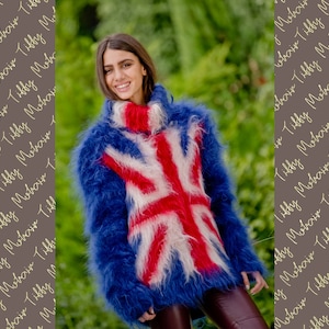 British Flag Sweater, Blue Mohair Sweater, Mohair Pullover ,Hand Knit Sweater, T neck Sweater, Turtleneck Sweater, Soft WInter Sweater T112