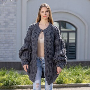 Gray Wool Cardigan – Hand Knitted Fisherman Style English Rib Coat T1021M image 4