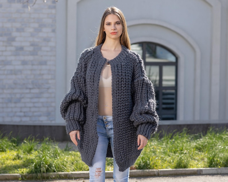 Gray Wool Cardigan – Hand Knitted Fisherman Style English Rib Coat T1021M image 4