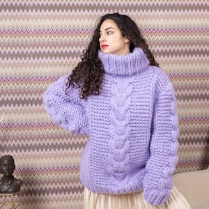 Suéter de lana de alpaca y merino de 25 hebras, tejido a mano, color lavanda, extra grueso y esponjoso T1549