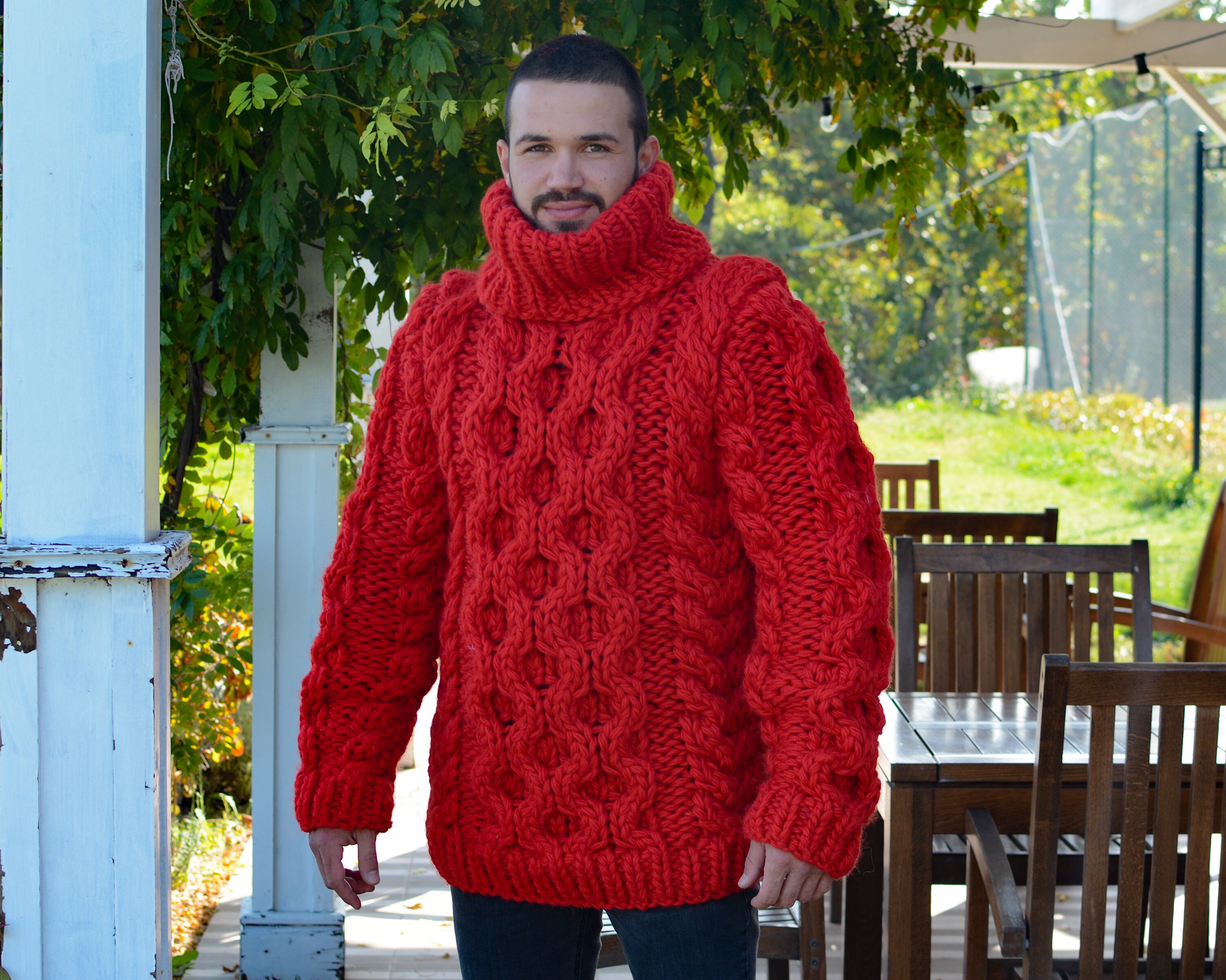 Loose Fit Chunky Knit Sweater, Red Women's Pullover, Trendy