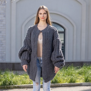 Gray Wool Cardigan – Hand Knitted Fisherman Style English Rib Coat T1021M image 1