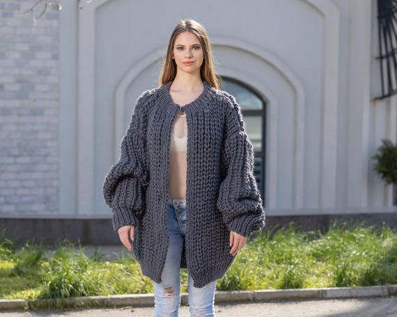 Gray Wool Cardigan – Hand Knitted Fisherman Style English Rib Coat T1021M