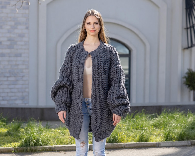 Gray Wool Cardigan – Hand Knitted Fisherman Style English Rib Coat T1021M image 1