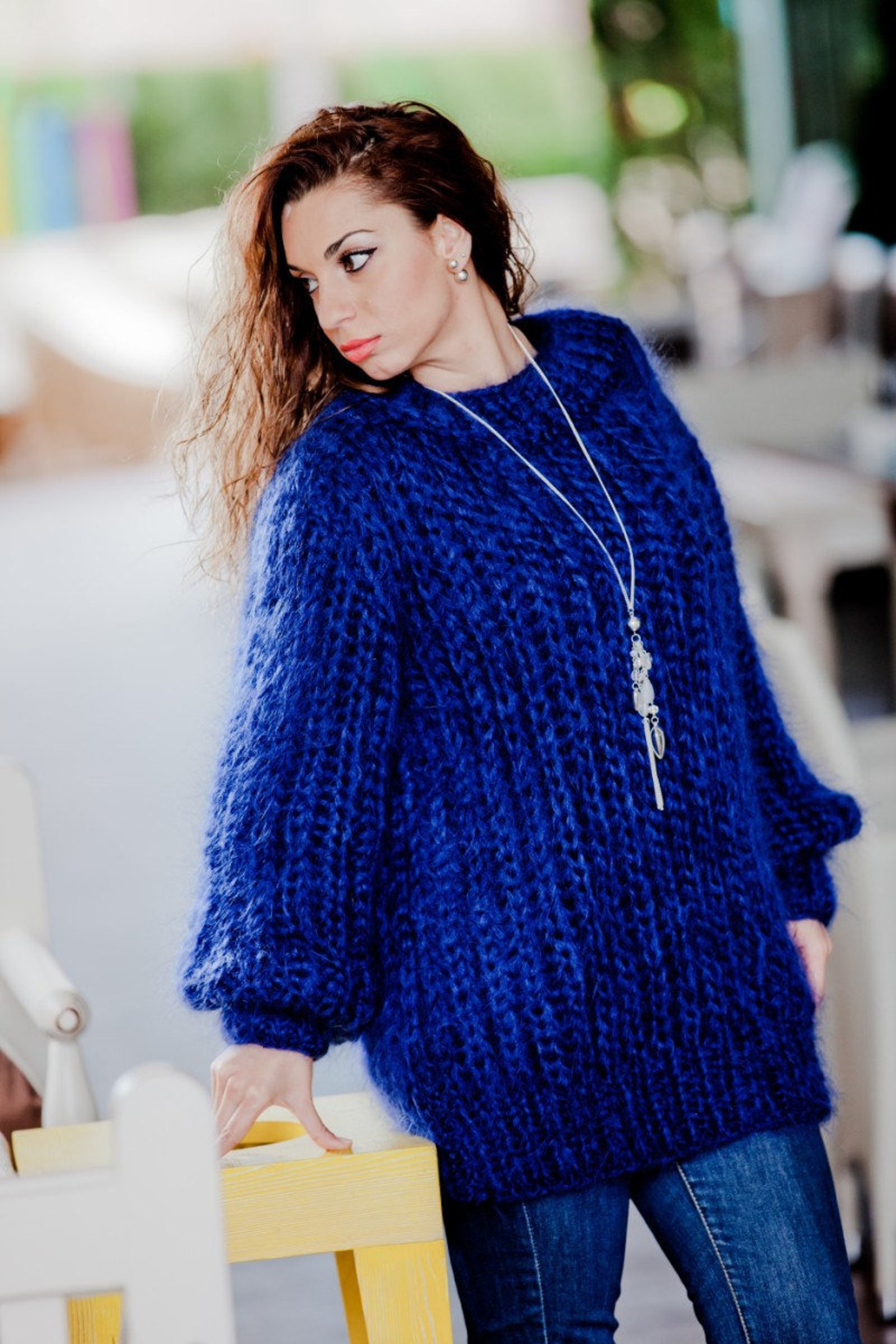 Blue Mohair Sweater Hand Knit Sweater Crewneck Jumper Etsy