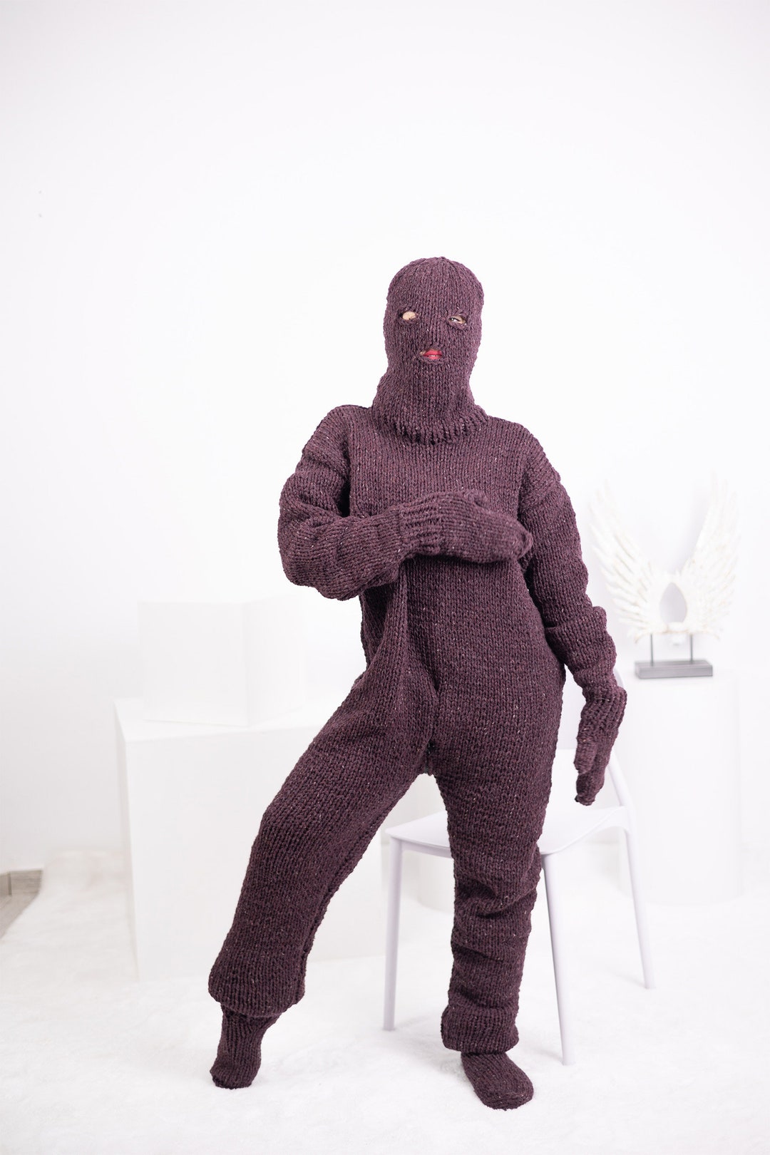 Itchy Wool Catsuit, Hand Knitted Raw Wool Catsuite, Fetish Catsuit With