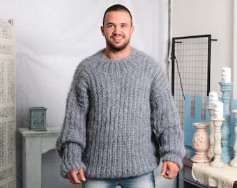 Grey Mohair Sweater, Ribbed Hand knitted jumper, Fisherman Sweater, Fluffy Gray Sweater T794M