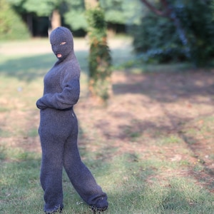 Hand Knitted Gray Mohair Catsuit with a balaclava, mittens and socks T1472