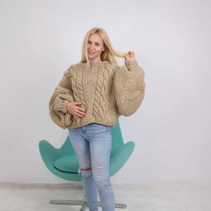 Short Sweater with Oversized Sleeves, Eco Wool Jumper , Extra Wide Sleeves Sweater T1881