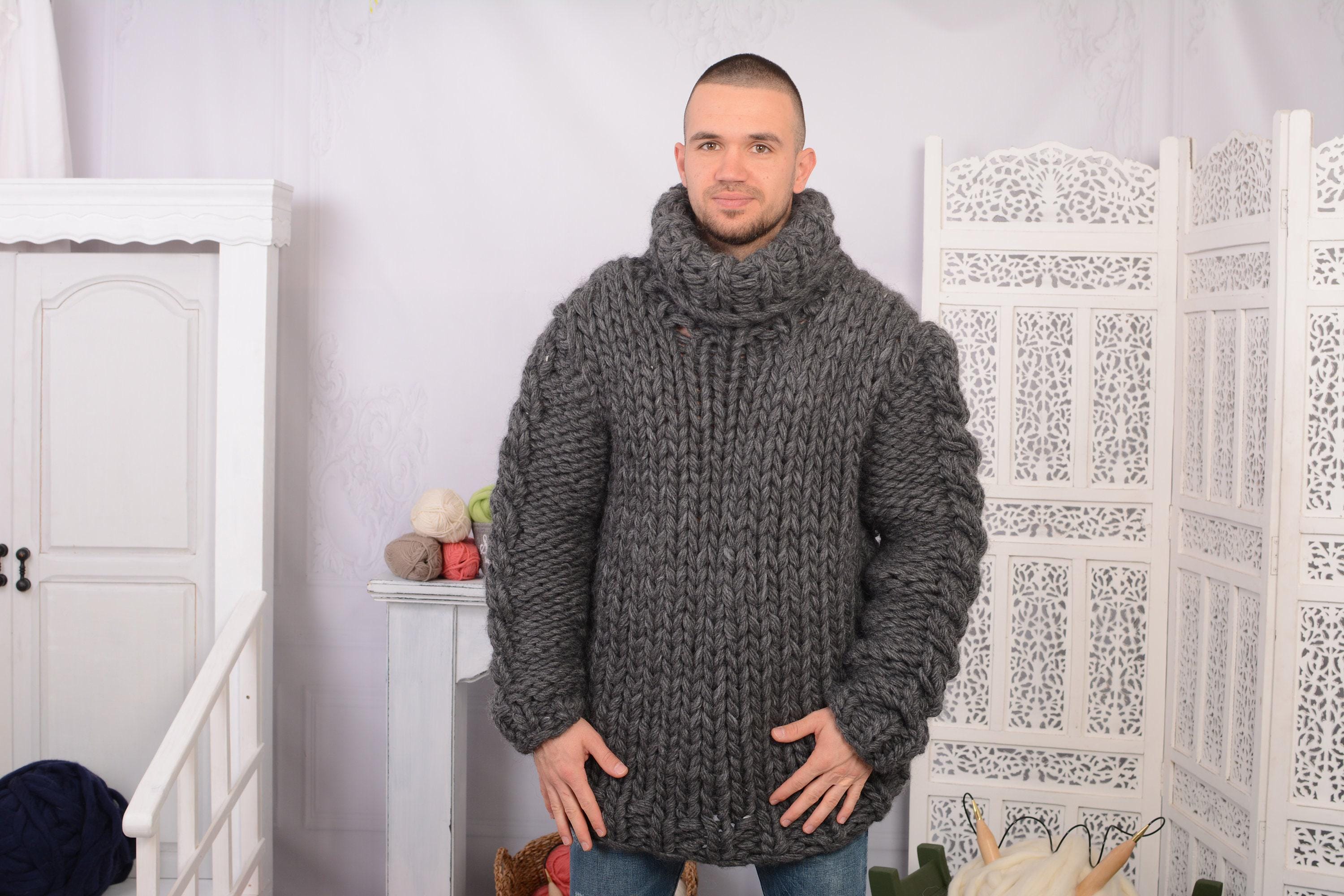 Chunky Gray Wool Sweater – 8-strand Hand-knitted Plain Woolen