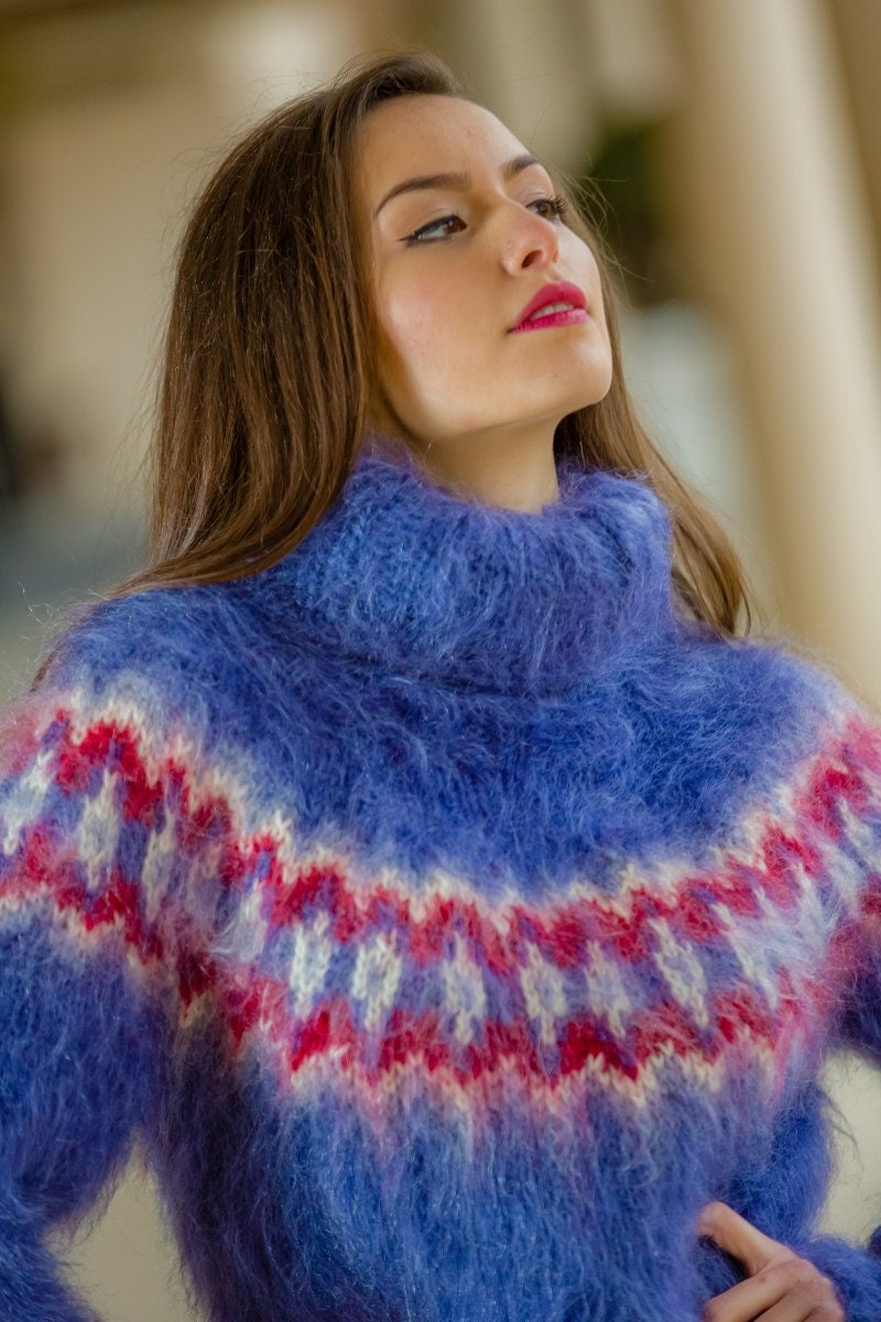 Blue T Neck Icelandic Mohair Sweater Hand Knit Fluffy - Etsy UK