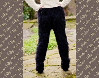 Mohair pants knitted in black fluffy wool T295
