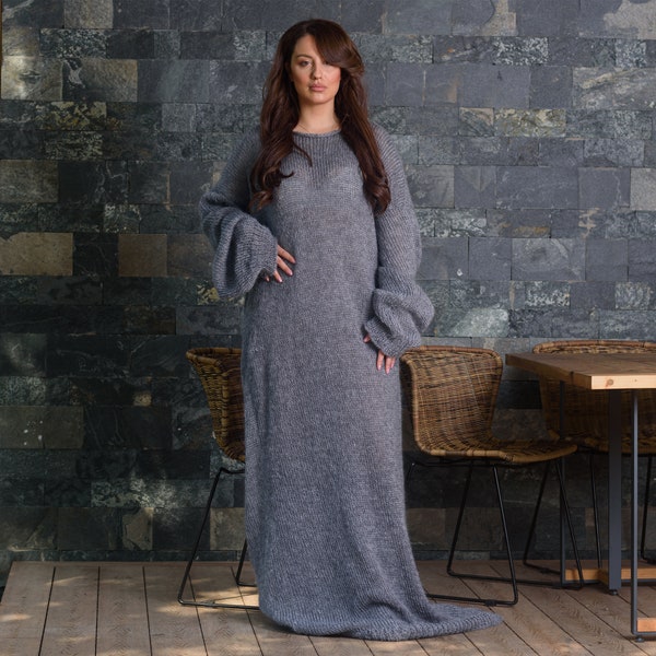 Maxi Graues Mohair Kleid, Handgestricktes langes Kleid, Große Nadeln Haariges Kleid T848