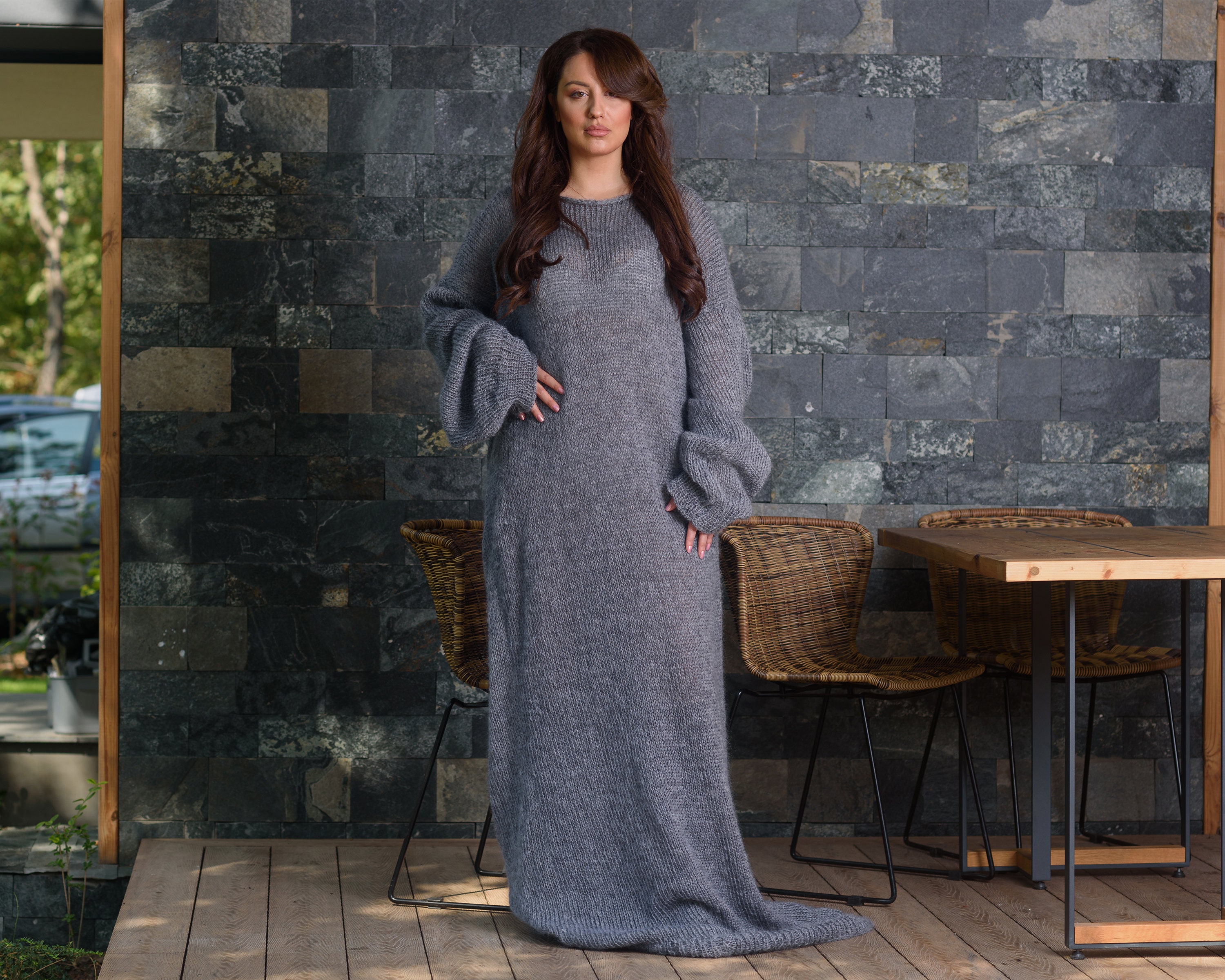 Maxi Gray Mohair Dress, Hand Knitted Long Dress, Big Needles