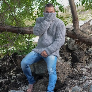 Gray Wool Sweater – Hand-Knitted Ribbed Fisherman Style Warm Jumper T782M image 4