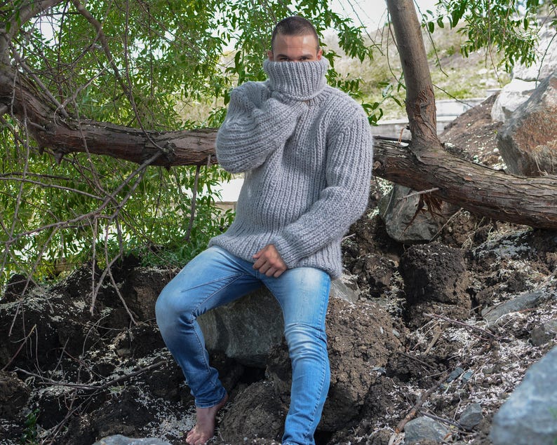 Gray Wool Sweater – Hand-Knitted Ribbed Fisherman Style Warm Jumper T782M image 4