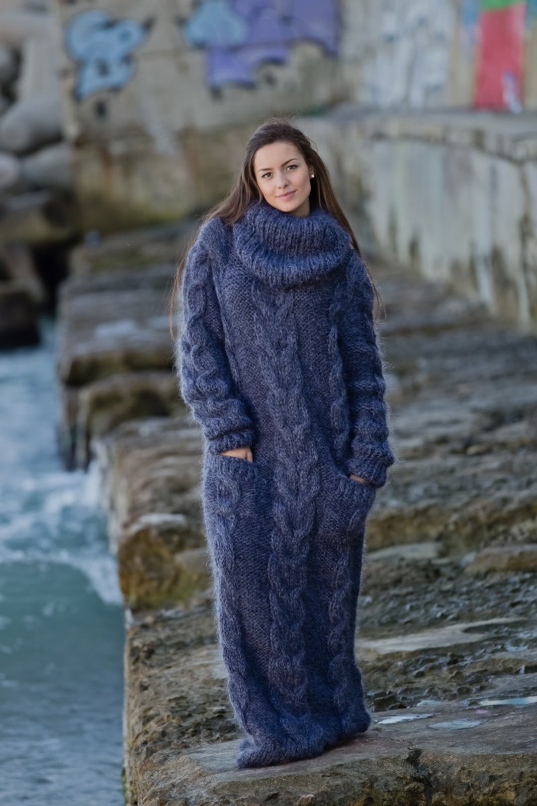 Gray Mohair Dress, Hand Knit Dress, Fetish Mohair Dress