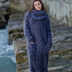Gray Mohair dress, Hand Knit Dress, Fetish Mohair Dress, Sweater Dress, Turtleneck Dress, Maxi Dress, Knitted Cables Dress, Winter Robe T146