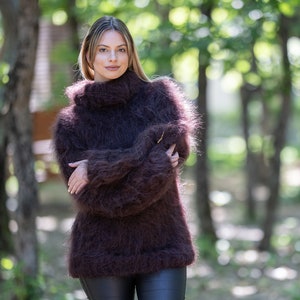 Brown Mohair Fuzzy Pullover, Turtleneck Sweater, Hand Knitted Sweater, Fluffy Sweater, Huge Oversized Sweater, Winter Sweater T1215