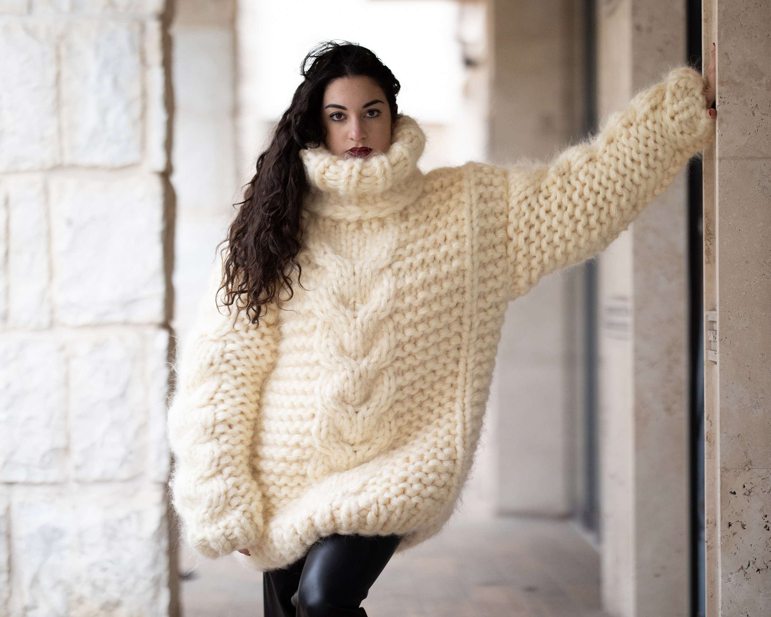 20 Strands Thick Mohair Sweater, Cable Knit Chunky Sweater