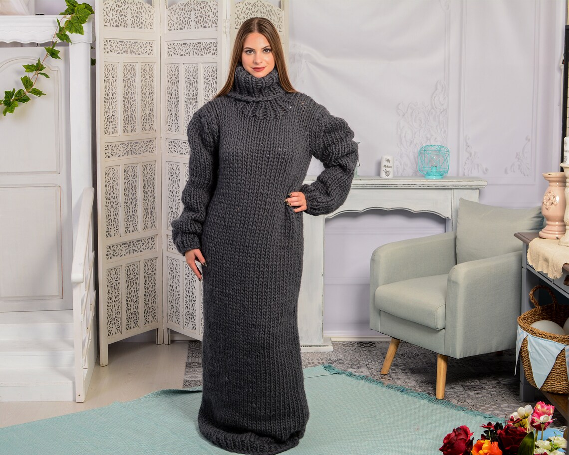 Gray Wool Dress Knit Sweater Dress Turtleneck Maxi Dress Etsy