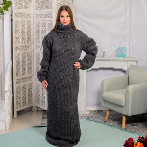 Gray wool Dress, Knit Sweater Dress, Turtleneck Maxi Dress, Chunky Woolen Dress, Long Fetish Dress, Winter Dress , Knitted Dress T784