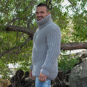 Gray Wool Sweater – Hand-Knitted Ribbed Fisherman Style Warm Jumper T782M image 8