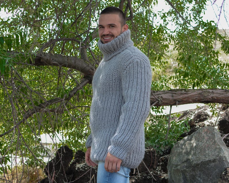 Gray Wool Sweater – Hand-Knitted Ribbed Fisherman Style Warm Jumper T782M image 8