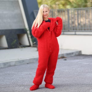 レッドモヘアキャットスーツ - ふわふわ手編みフルセット（バラクラバ、ミトン、ソックス付き）T1494