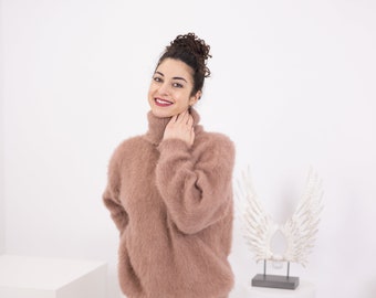 Suéter de alpaca marrón, tejido a mano en mezcla de lana, suave, cálido y acogedor para el invierno T1570