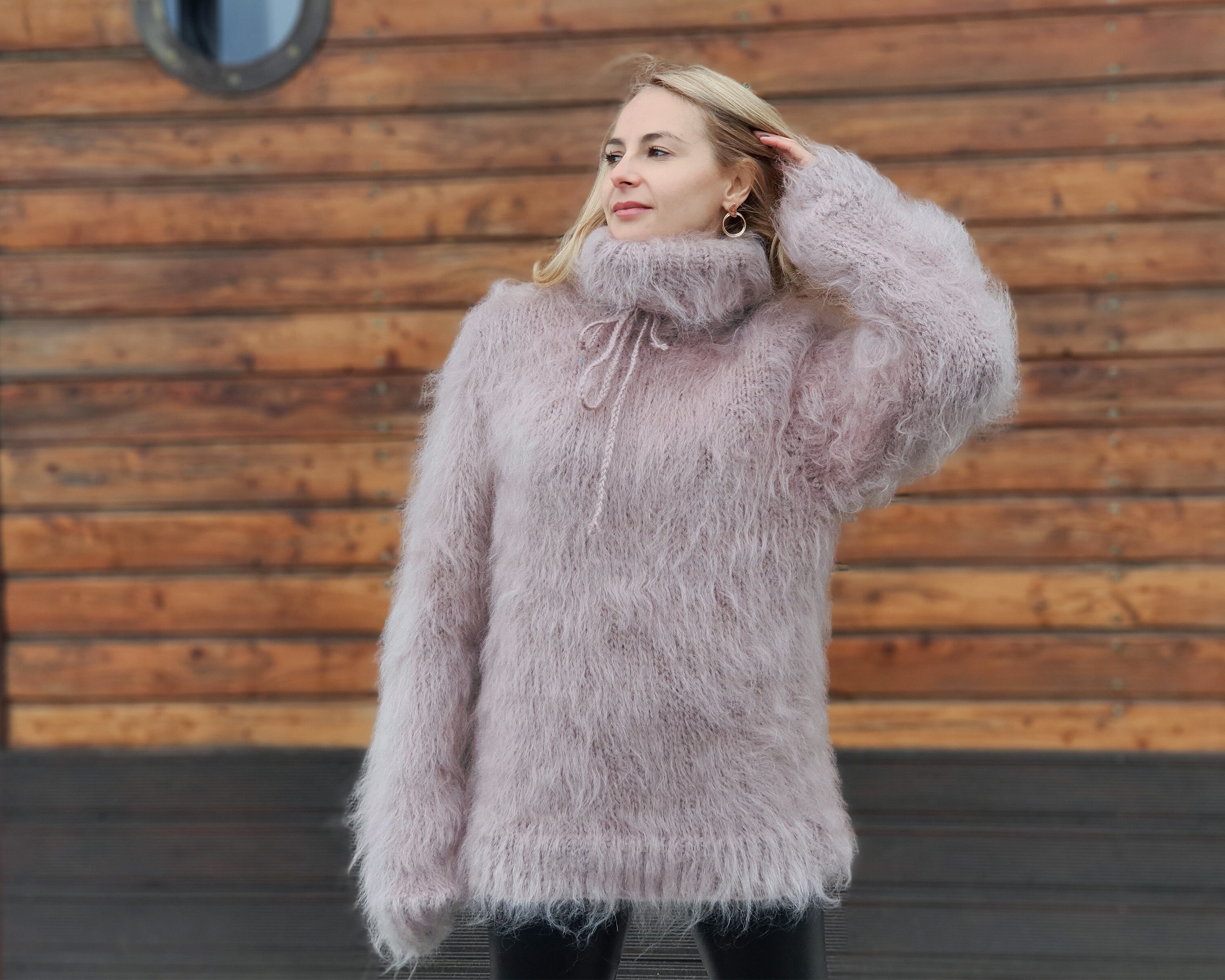 Beige Hooded Mohair Sweater, Fluffy Hoody Jumper, Hand