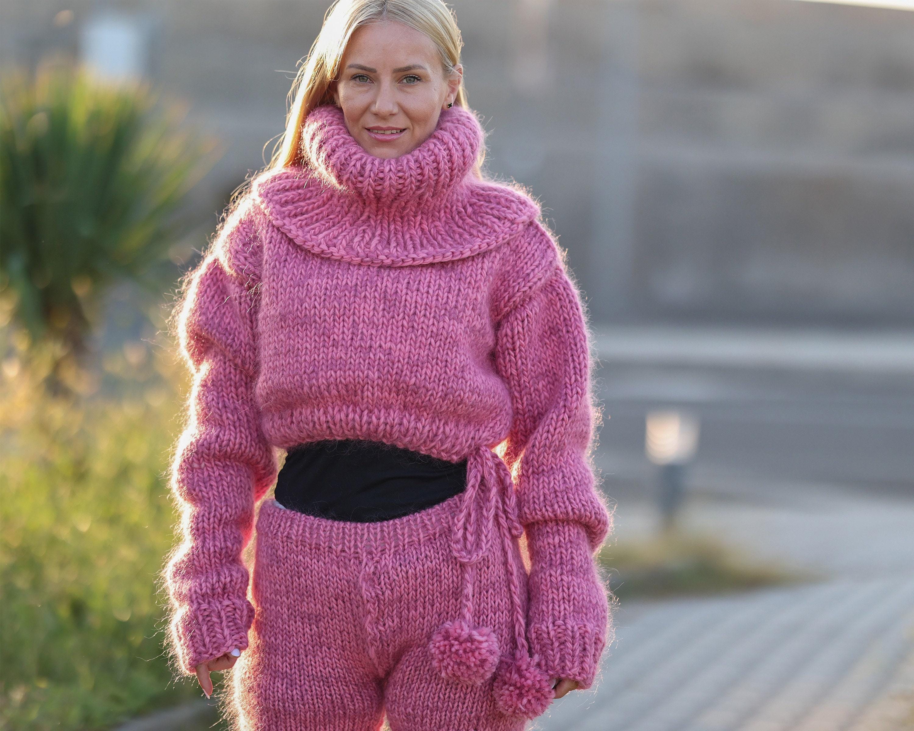 Cropped Pink Mohair Wool Sweater With Wide Neck, Hand Knitted