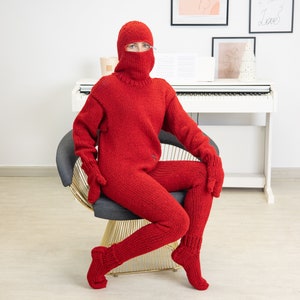 Hand Knitted Raw Wool Catsuite, Fetish catsuit with Integrated Mittens and socks, Itchy Wool catsuit T1315