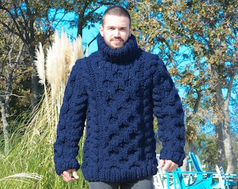 Blue Chunky Knit Sweater – Hand-Knitted Oversized Cable Jumper for Men T658M