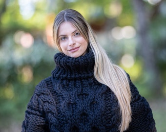 Black Cables Sweater, Chunky Knit Woolen Pullover, Cable