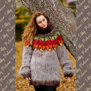 Gray T neck Icelandic Mohair sweater , Hand Knit sweater , Fluffy Turtleneck pull , Norwegian Sweater , Soft Sweater , Nordic Sweater T193