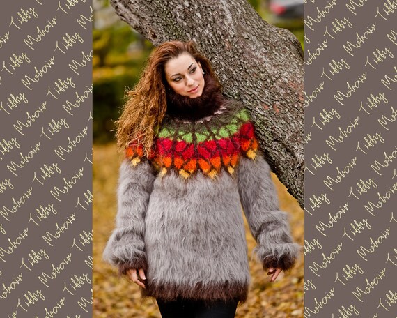Gray T Neck Icelandic Mohair Sweater , Hand Knit Sweater , Fluffy Turtleneck Pull , Norwegian Sweater , Soft Sweater , Nordic Sweater T193