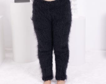 Pantalones de punto de mohair negro – Pantalones afelpados tejidos a mano T1595