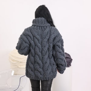 Mega Thick Hand Knitted pure Wool Sweater Gray Soft Turtleneck Jumper Pullover Jersey with Cables T1621 image 7